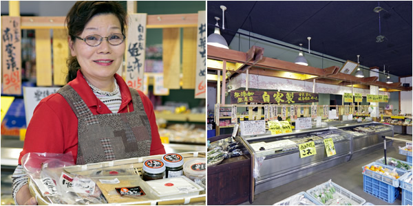 魚市魚座•座長のまりちゃん特製豆腐、のり佃煮、魚みそが人気です。
